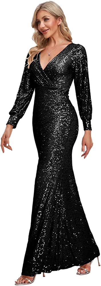 MOOSSIS Women Sequin Fishtail V Neck Maxi Bodycon Black Dress with Long & Open Sleeves BL0004R-002 - Image 2
